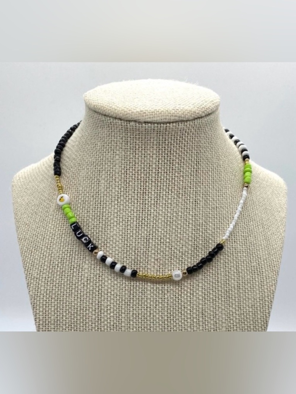 Gold Green White Black Beaded Necklace LUCK Charms Boho Fall Y2K Preppy Festival